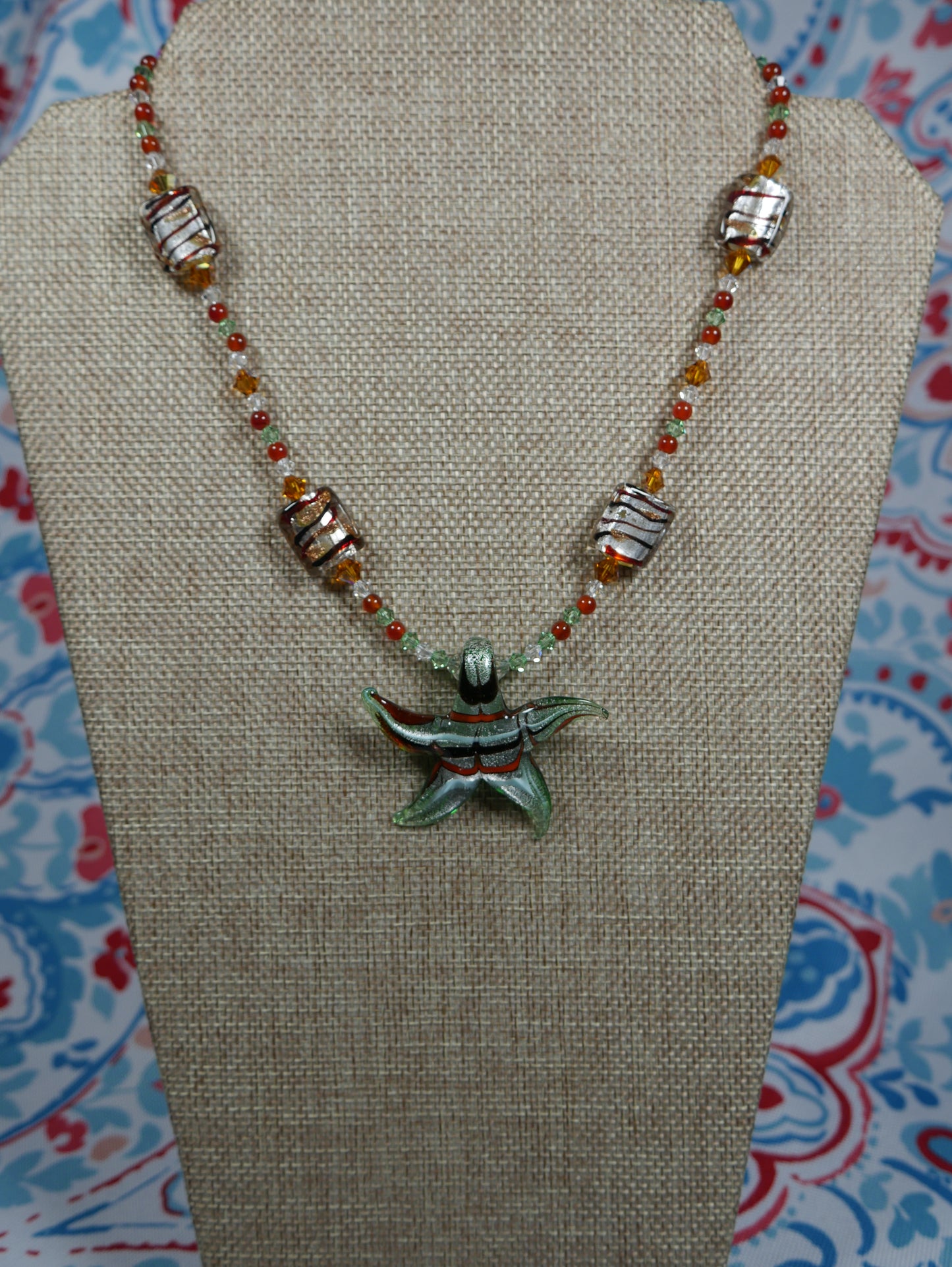 Earth Tone Beaded Necklace with Lampworked Glass Star Pendant and Bicone Crystals