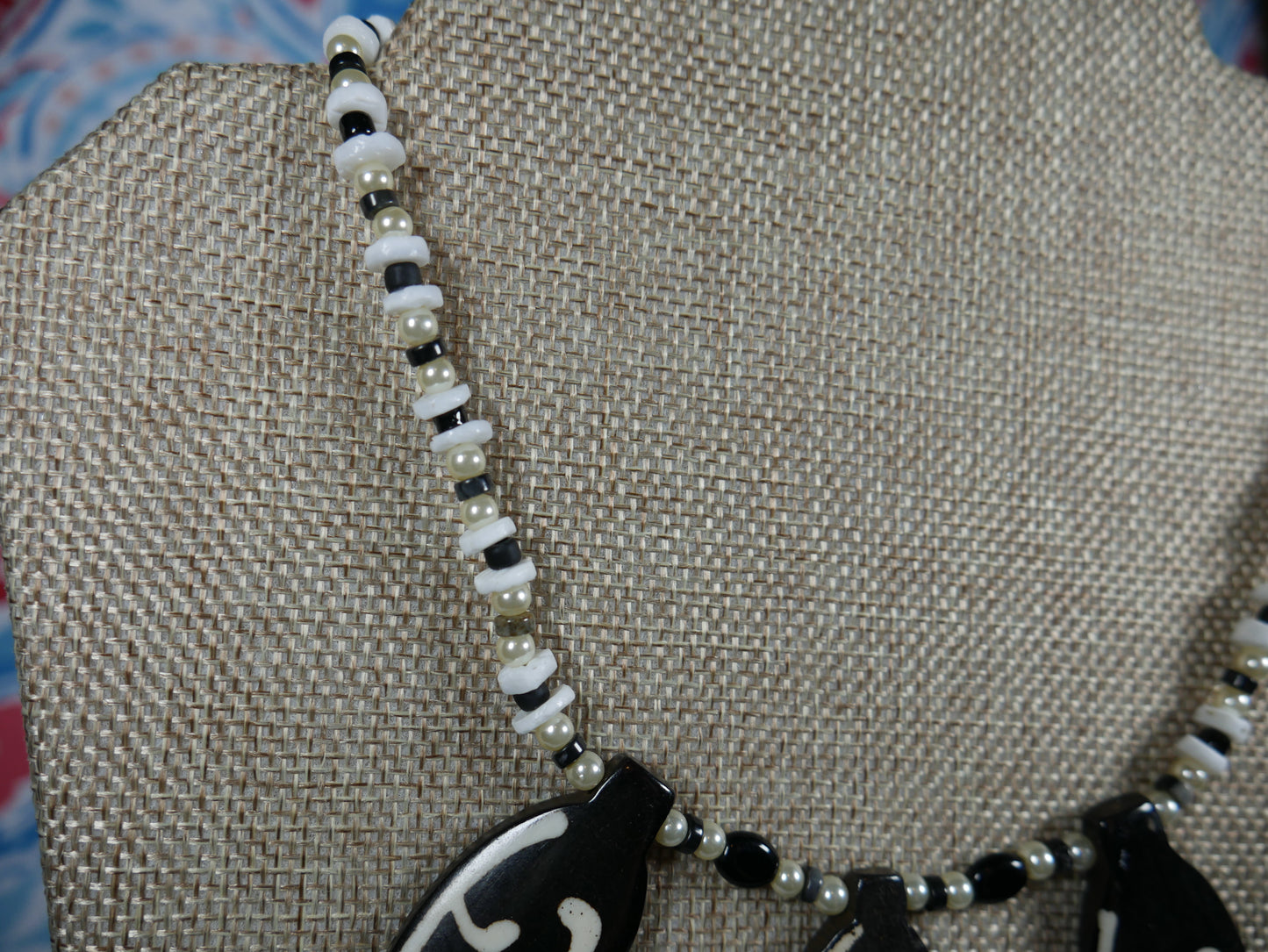 White and Black Bone Necklace with Semi-Precious Stones