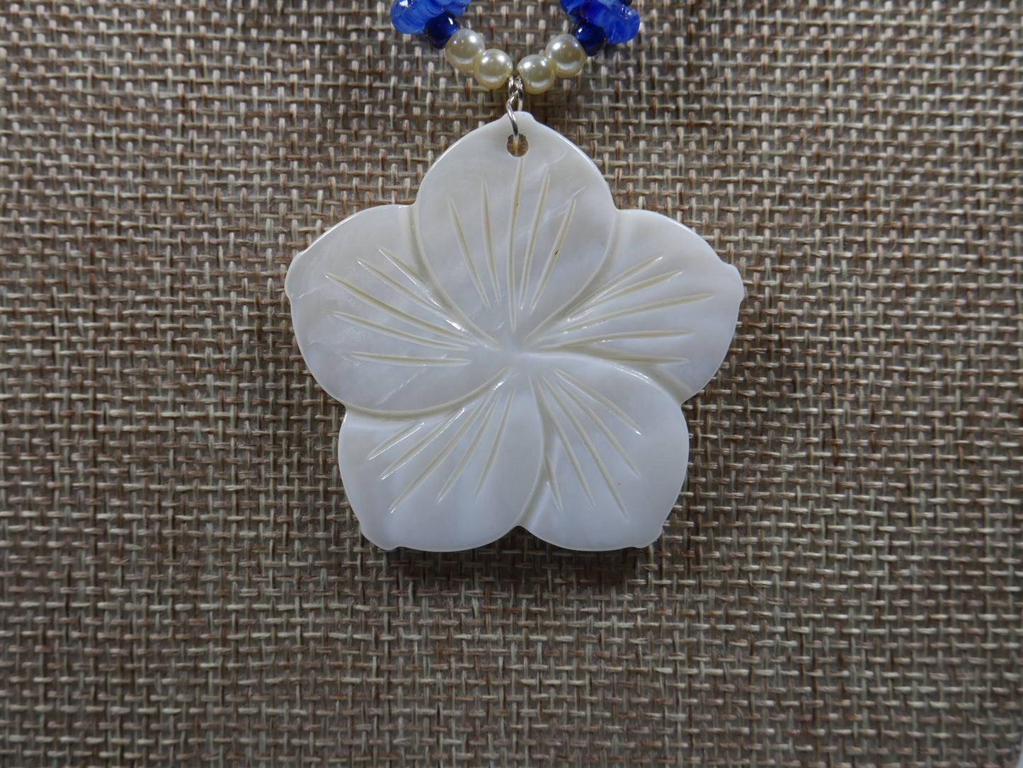 Blue and White Glass Beaded Necklace with Shell Flower Pendant
