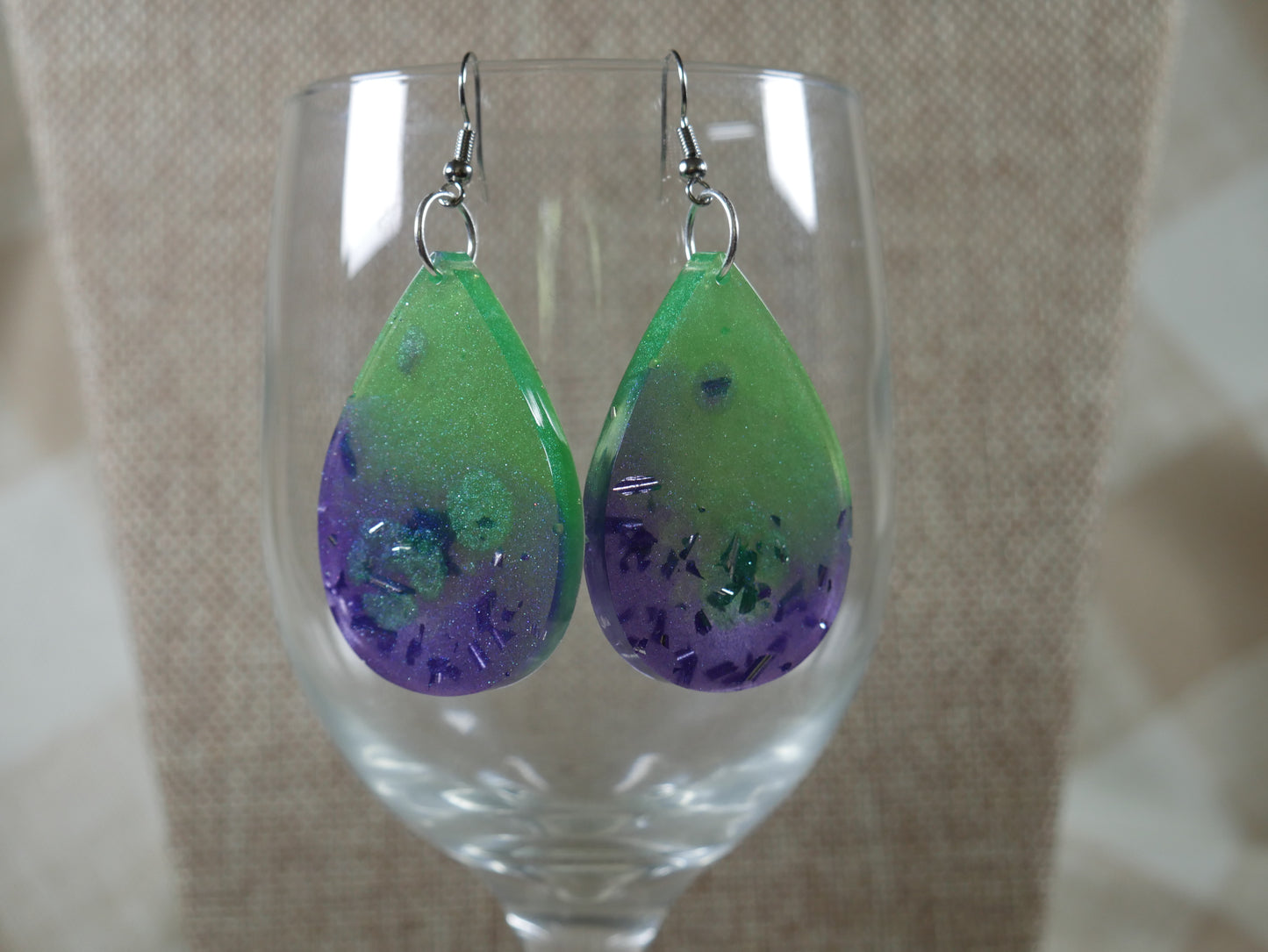 Resin Green and Purple Tear Drop Shaped Earrings