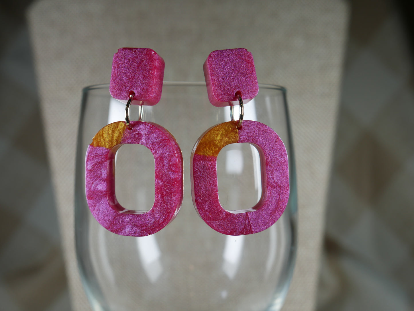Resin Magenta and Gold Square Earrings