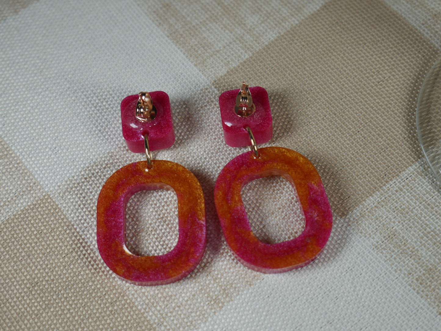 Resin Magenta and Gold Square Earrings