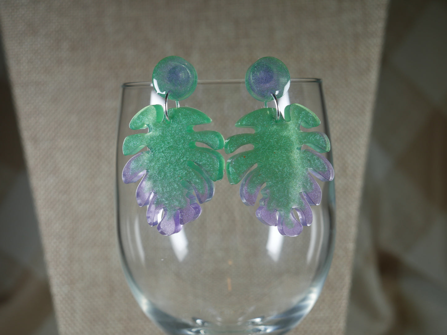 Resin Green and Purple Leaf Earrings