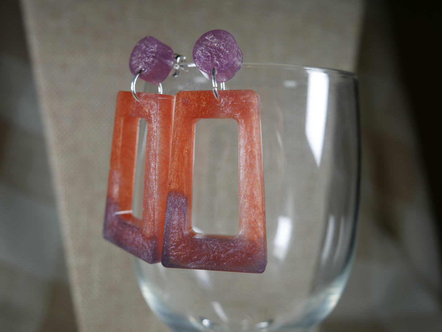 Resin Purple and Pink Rectangular Earrings