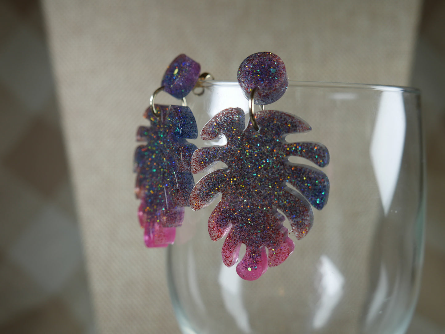 Resin Sparkly Black and Pink Leaf Earrings