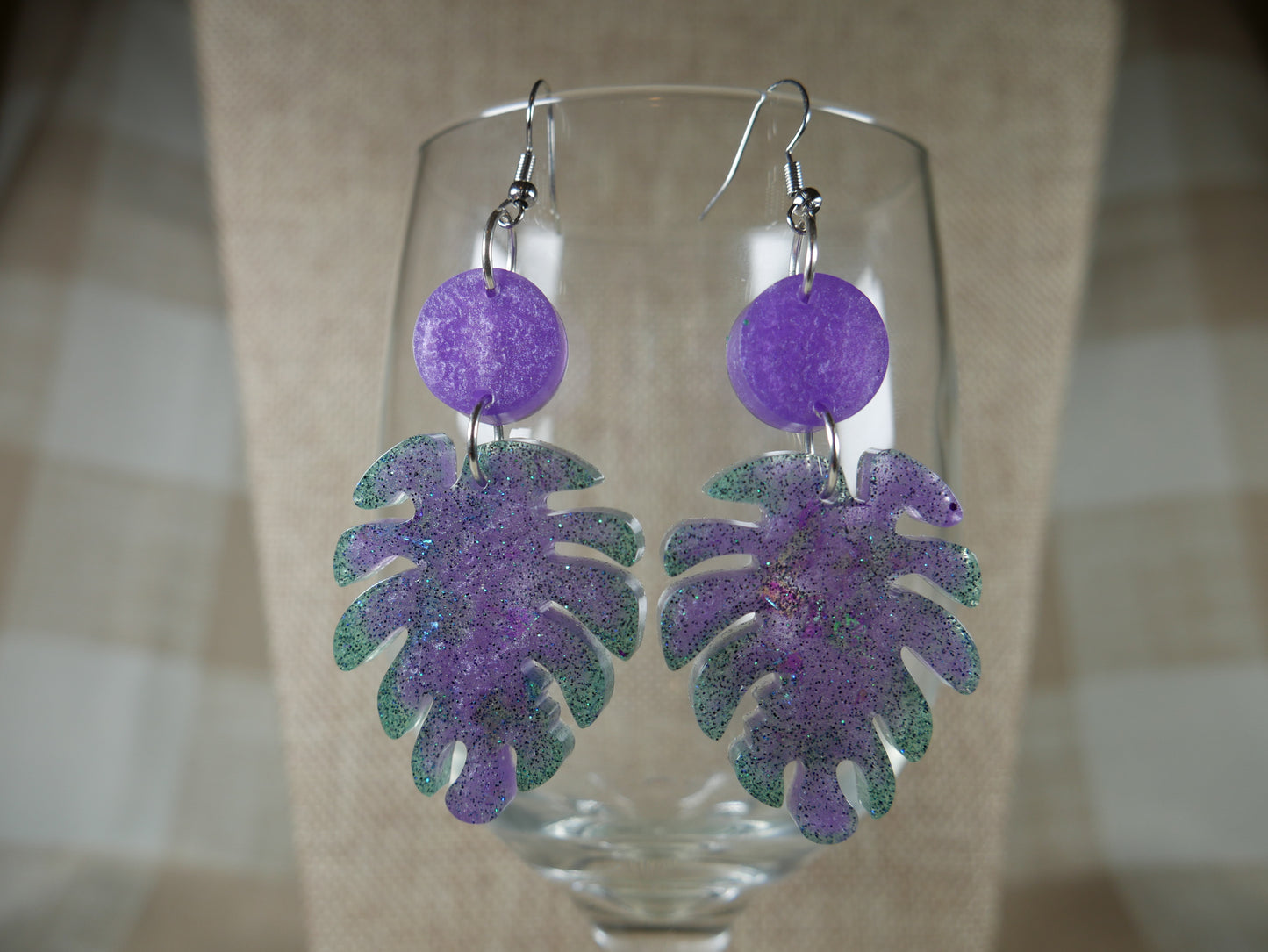 Resin Sparkly Purple and Green Leaf Earrings