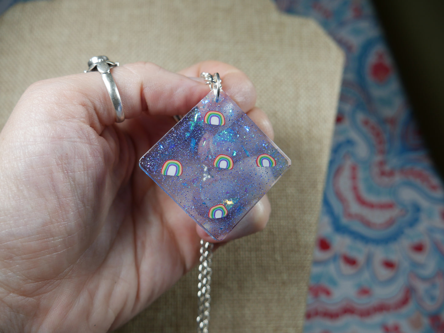 Resin Blue Rainbow Pendant Necklace