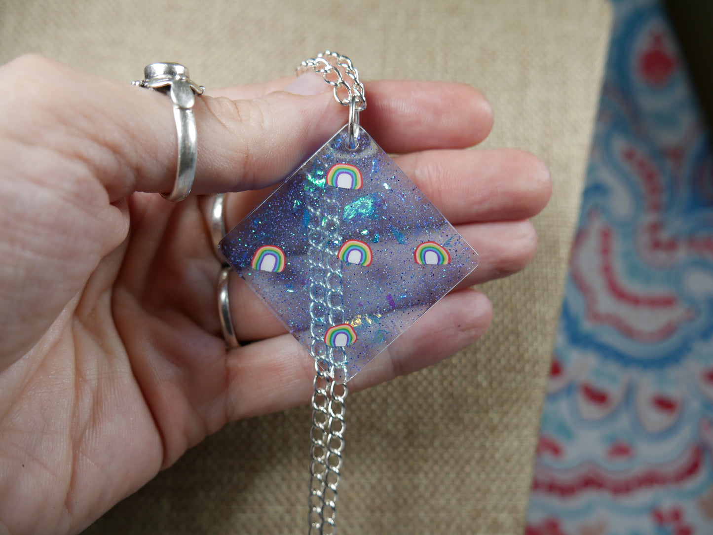 Resin Blue Rainbow Pendant Necklace