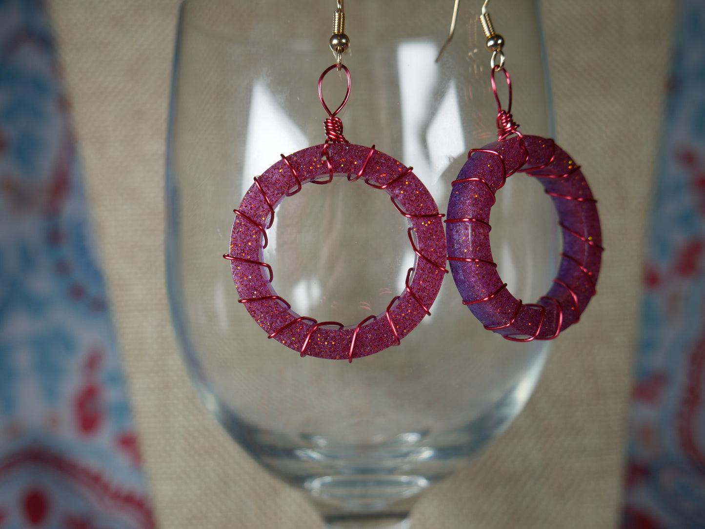 Resin Fuchsia and Purple Wire Wrapped Circular Earrings