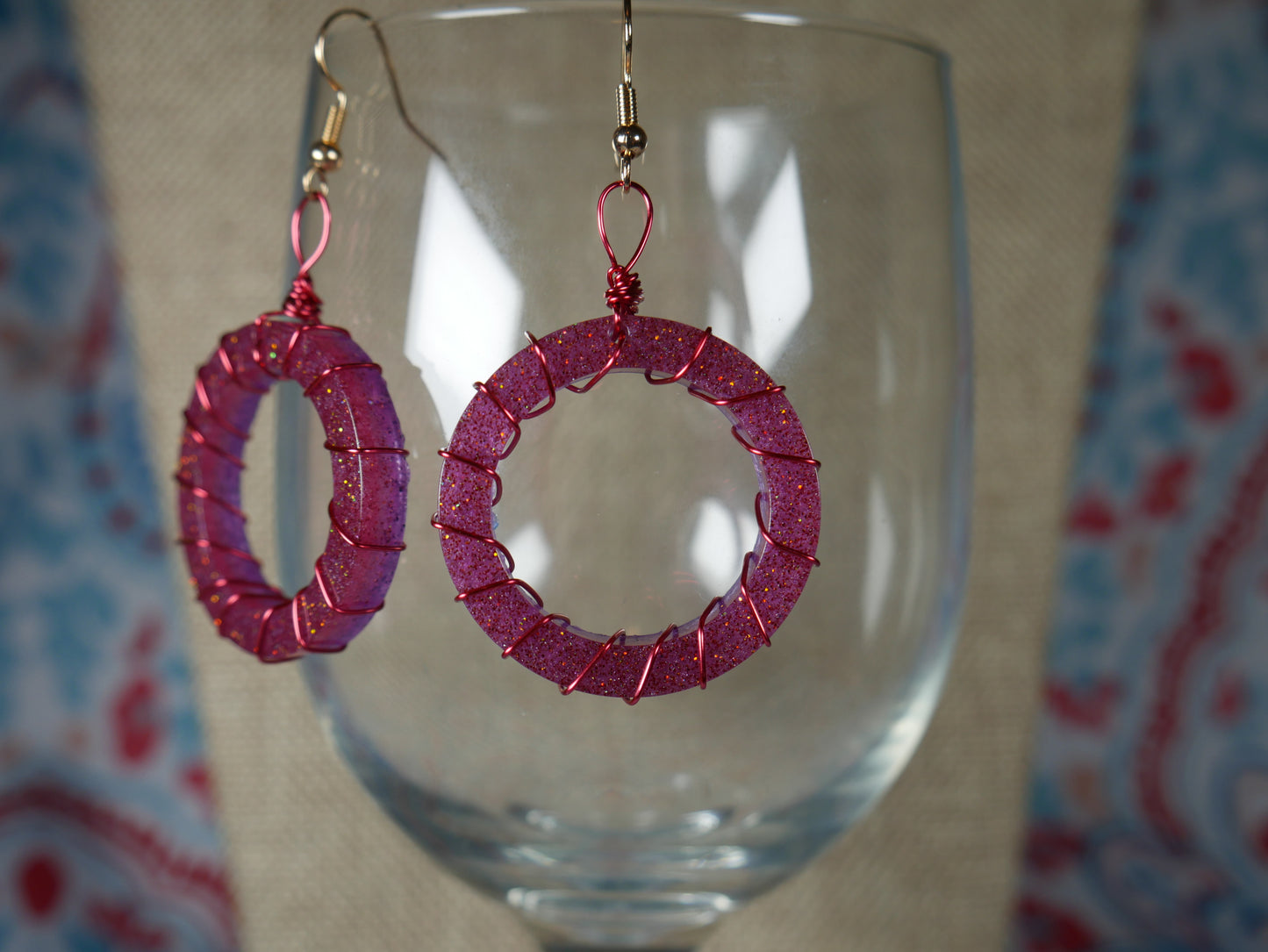 Resin Fuchsia and Purple Wire Wrapped Circular Earrings