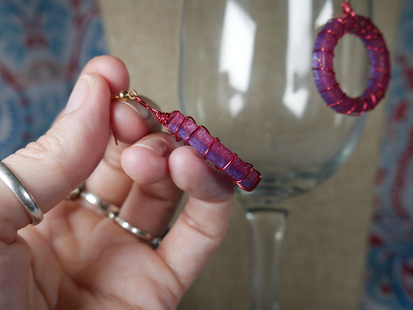Resin Fuchsia and Purple Wire Wrapped Circular Earrings