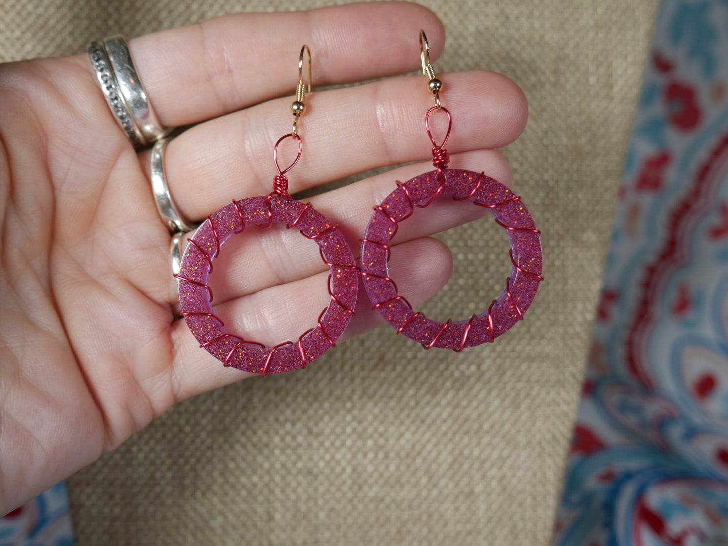 Resin Fuchsia and Purple Wire Wrapped Circular Earrings