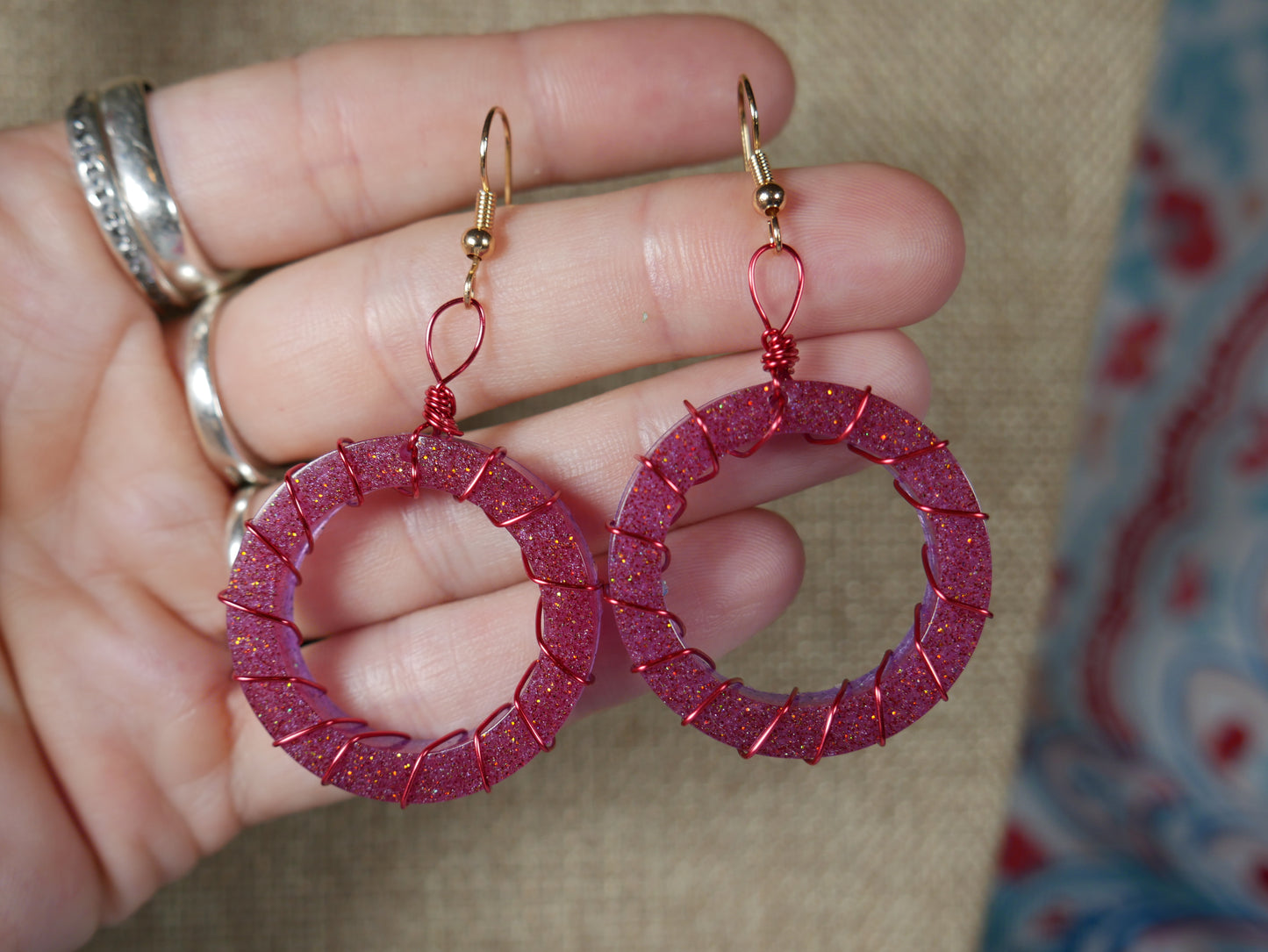 Resin Fuchsia and Purple Wire Wrapped Circular Earrings