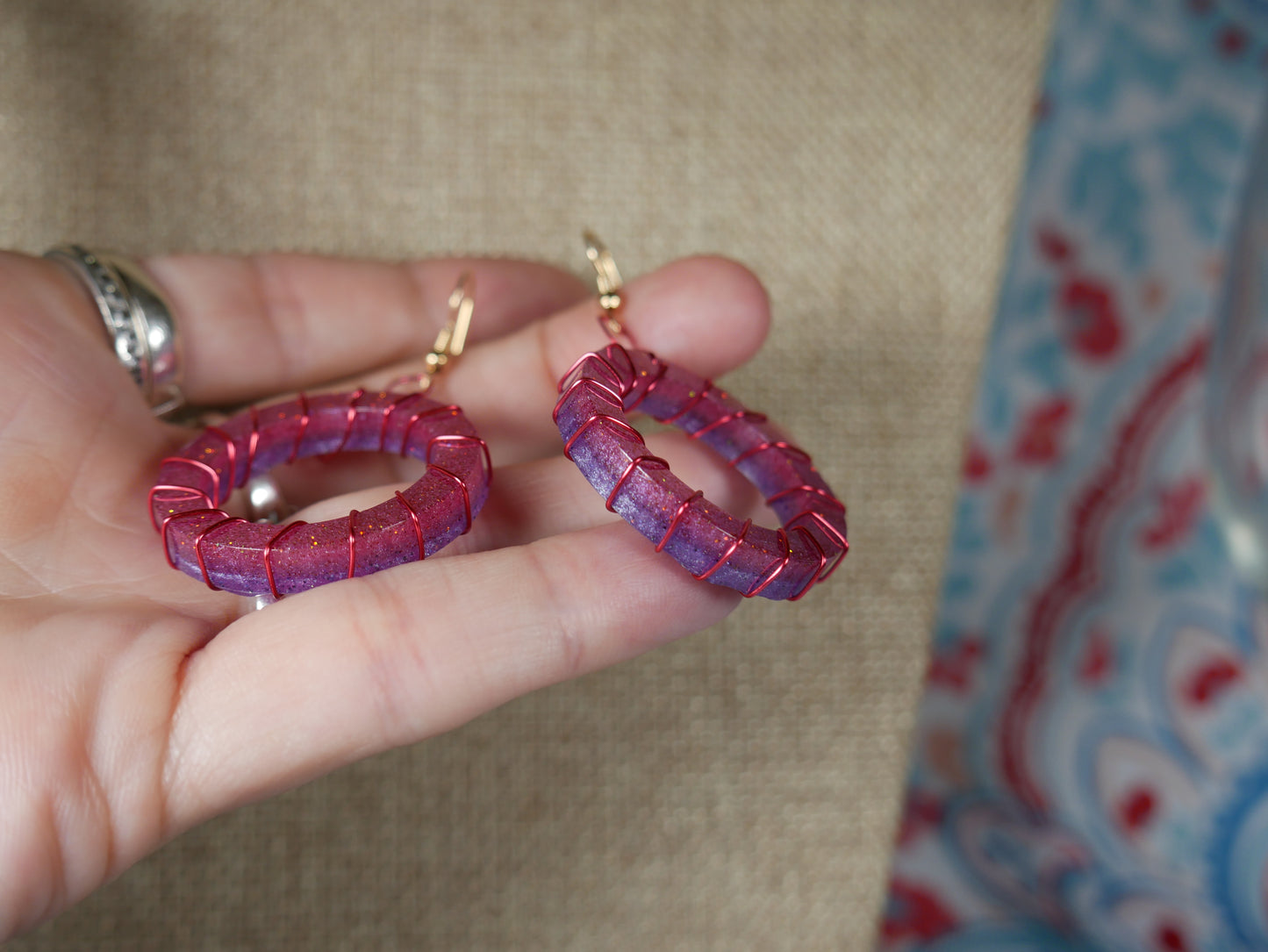 Resin Fuchsia and Purple Wire Wrapped Circular Earrings