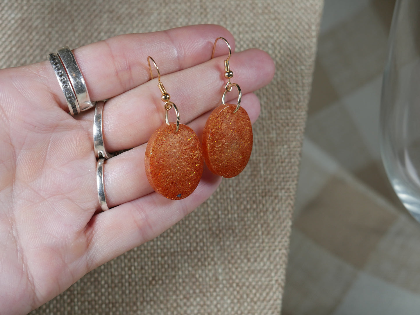 Coppery Sparkly Oval Resin Earrings