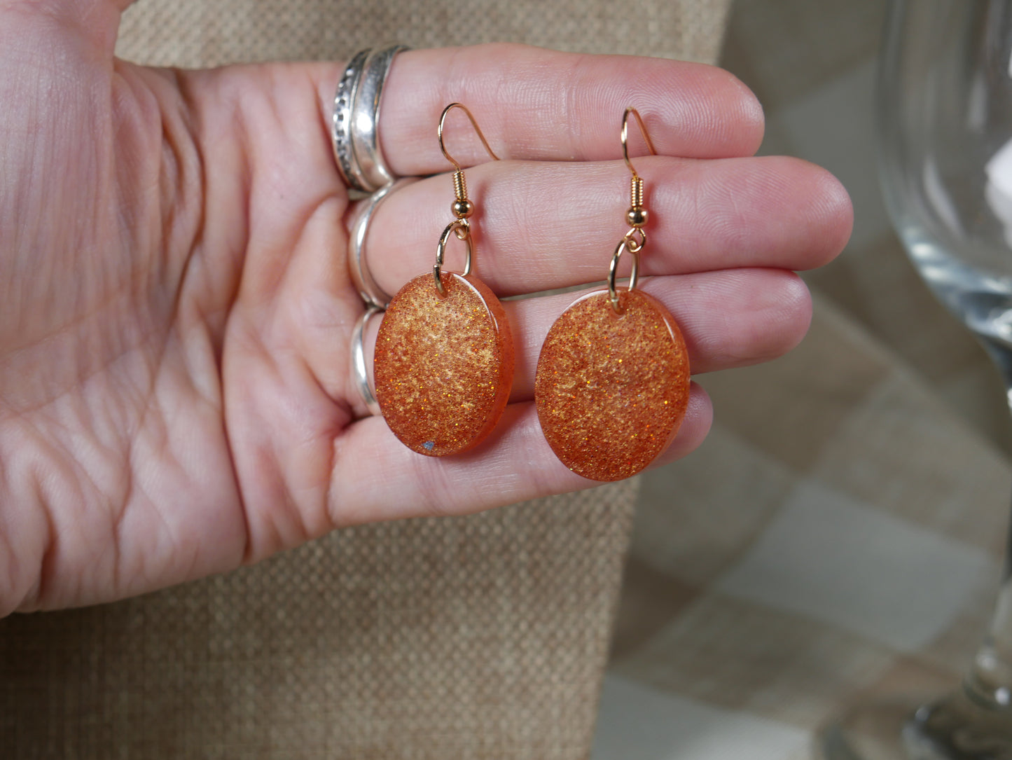 Coppery Sparkly Oval Resin Earrings