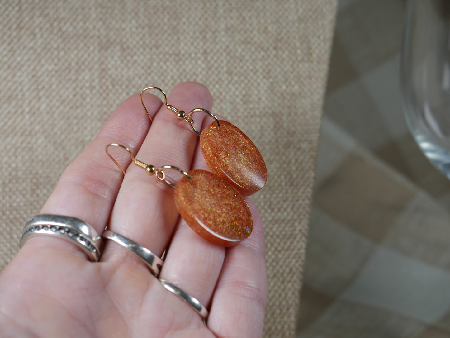Coppery Sparkly Oval Resin Earrings