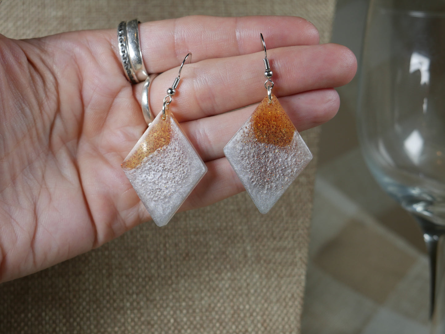 Silver and Gold Diamond Shaped Resin Earrings