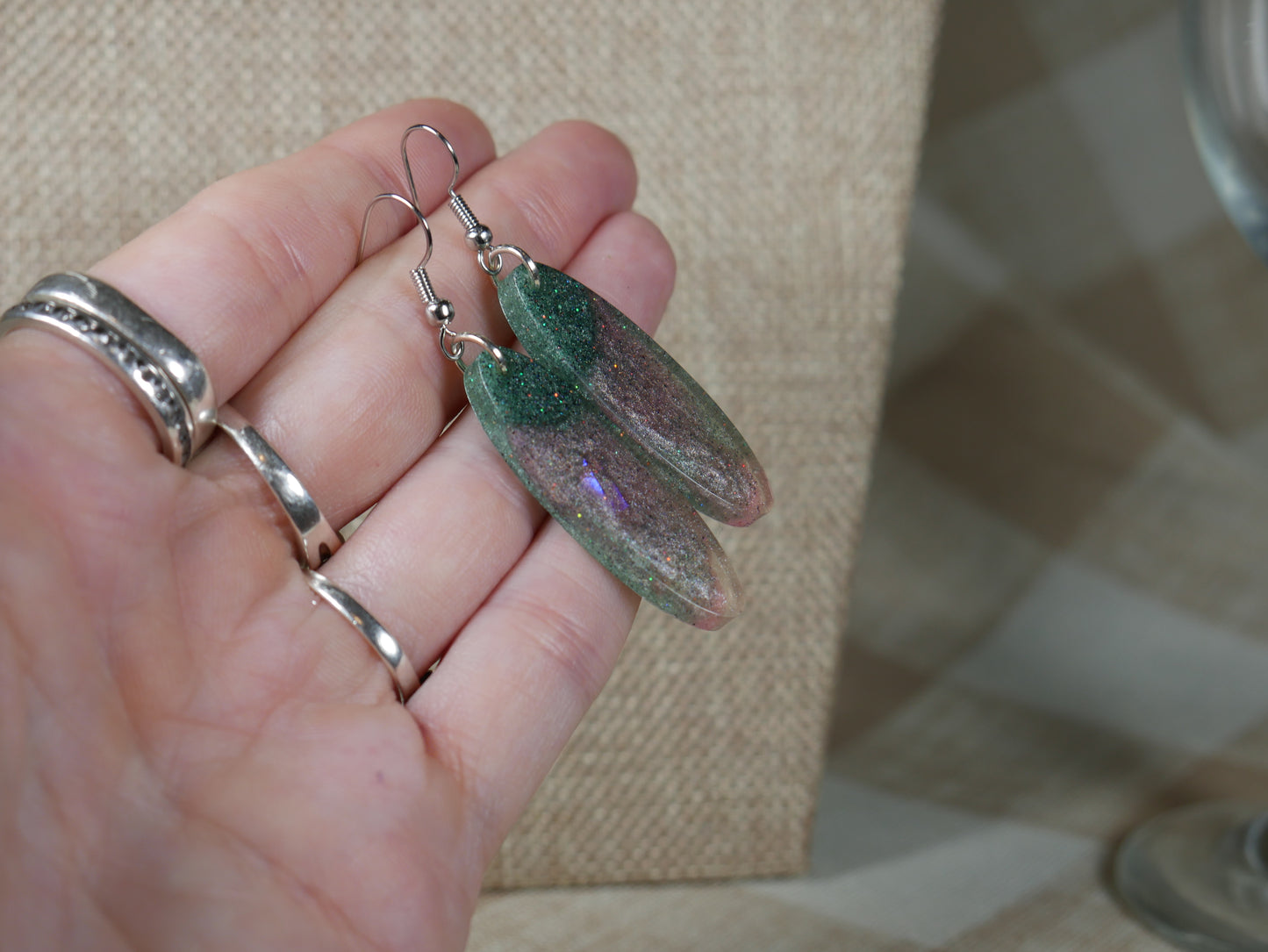 Rose and Green Opalescent Oval Resin Earrings