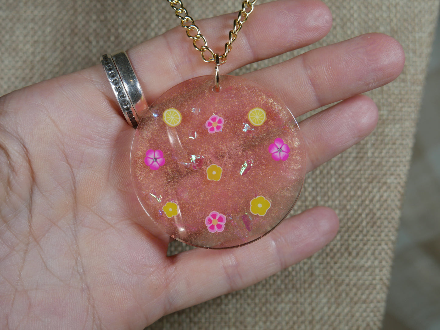 Pink and Yellow "Pink Lemonade" Flower Resin Pendant