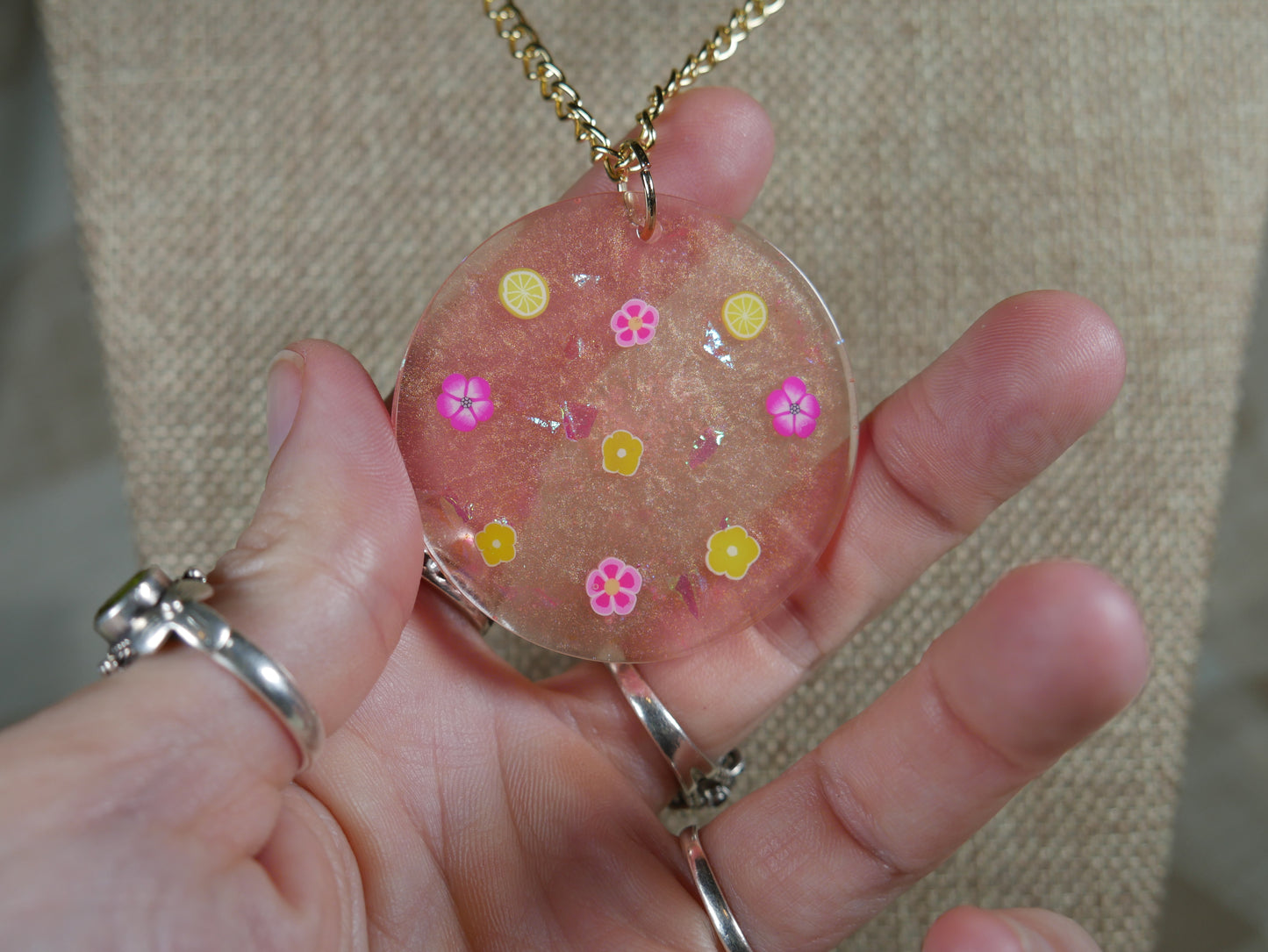Pink and Yellow "Pink Lemonade" Flower Resin Pendant