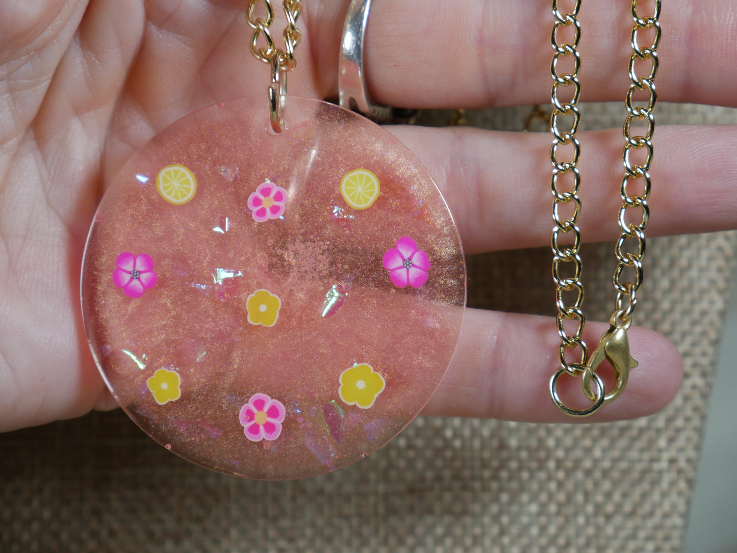 Pink and Yellow "Pink Lemonade" Flower Resin Pendant