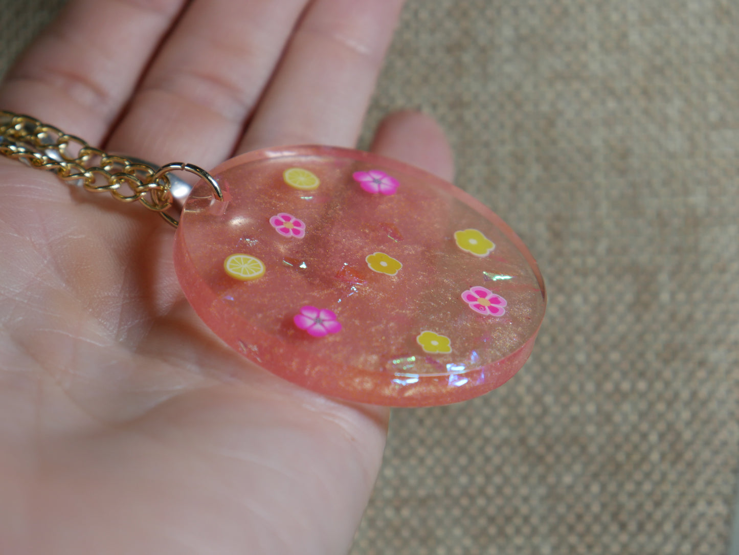 Pink and Yellow "Pink Lemonade" Flower Resin Pendant