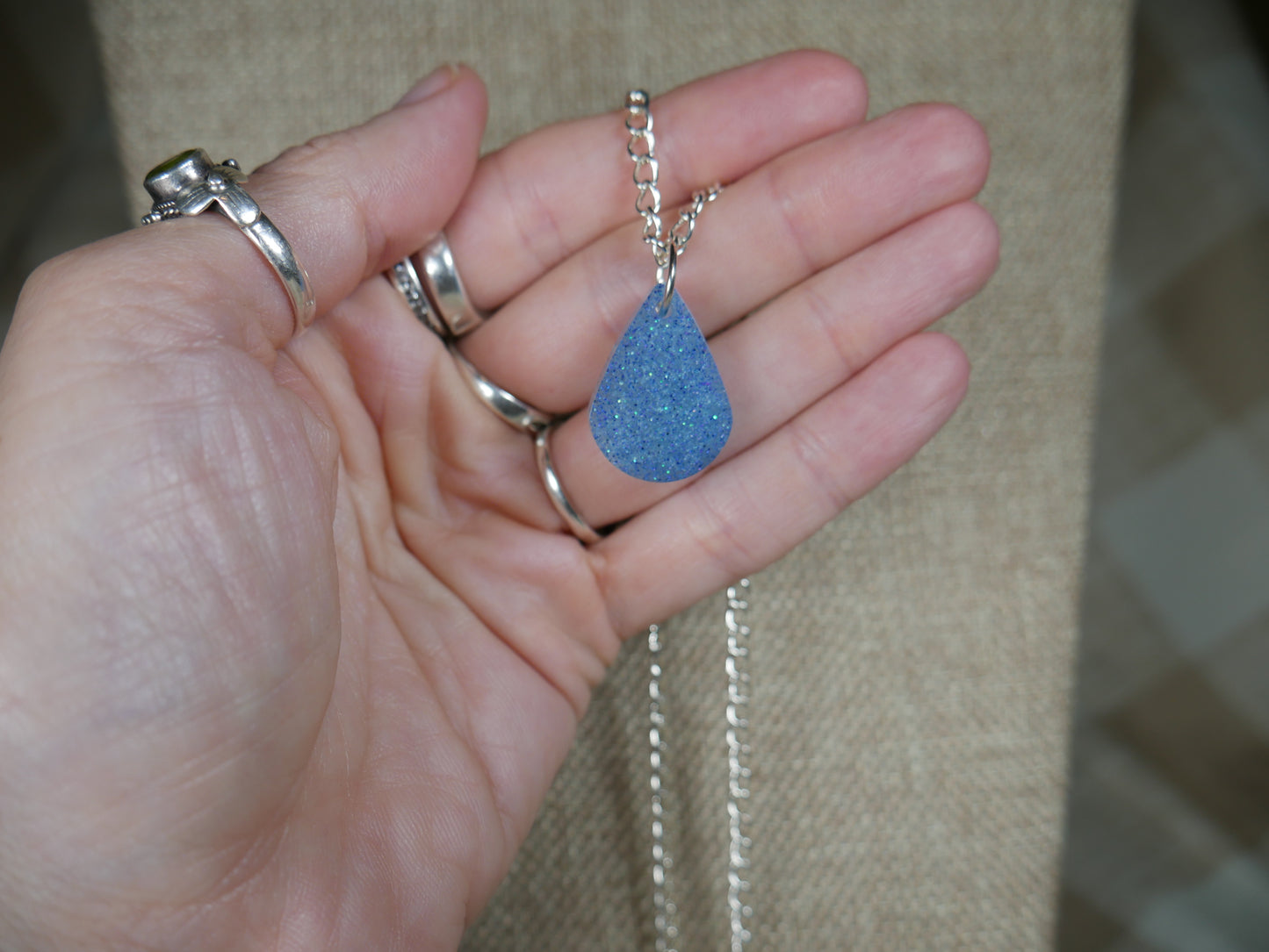 Blue Teardrop Shaped Resin Pendant Necklace