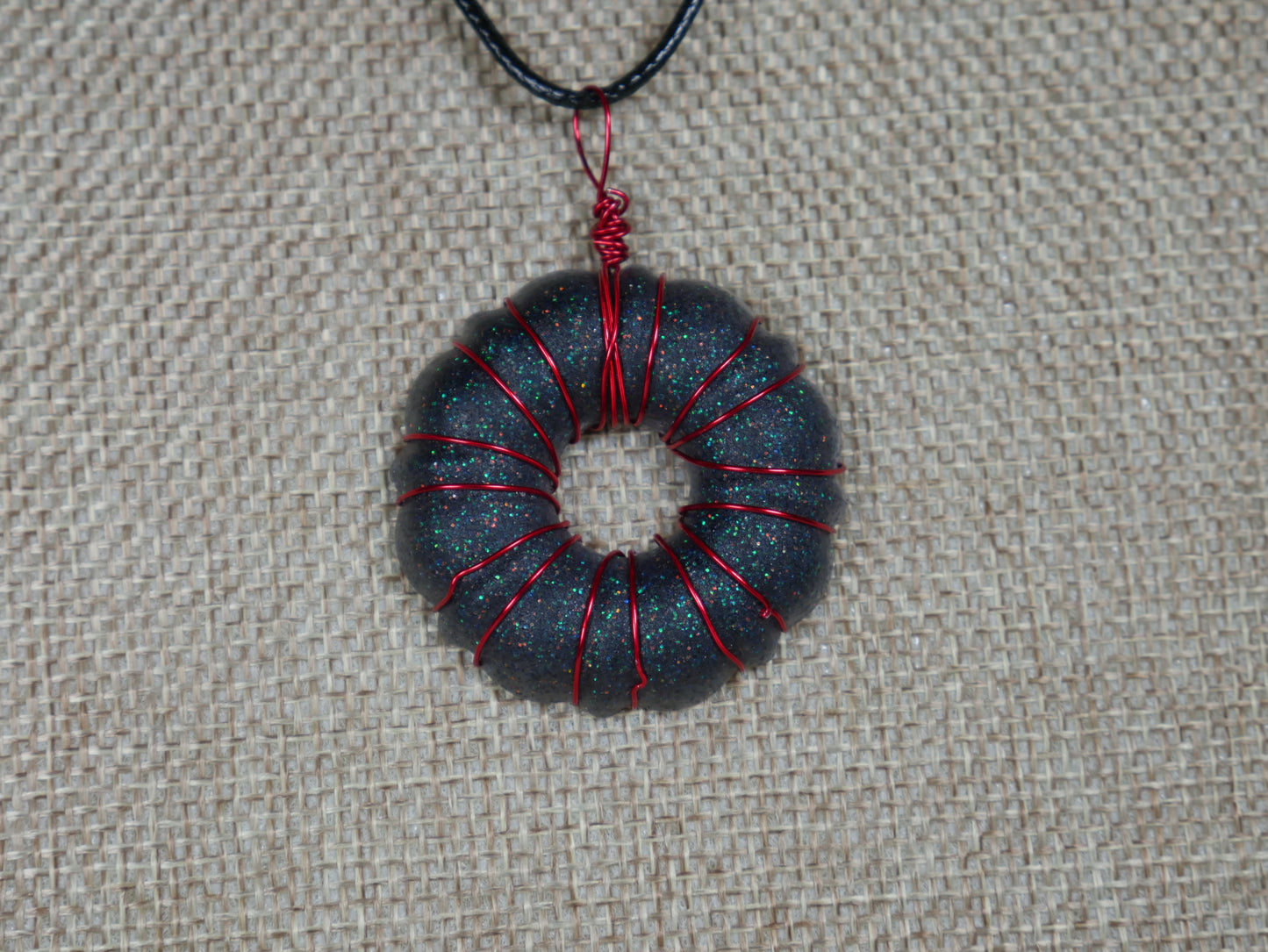 Black and Red Wire Wrapped "Donut" Resin Necklace