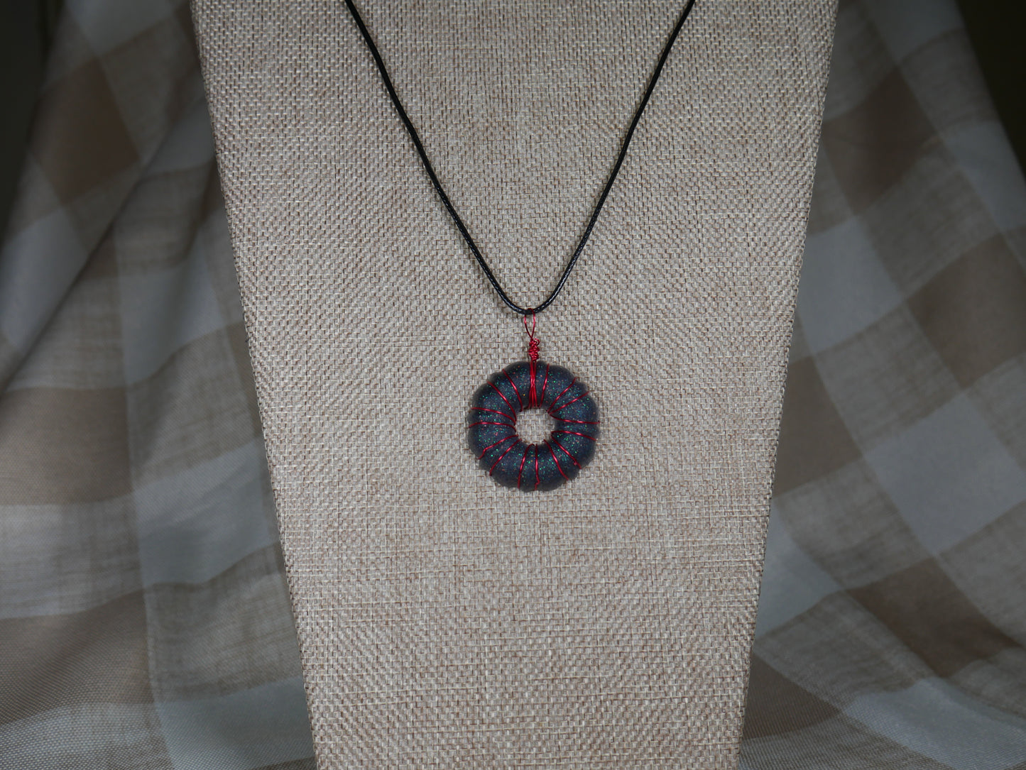Black and Red Wire Wrapped "Donut" Resin Necklace