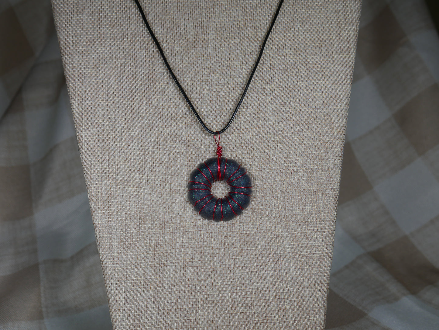 Black and Red Wire Wrapped "Donut" Resin Necklace