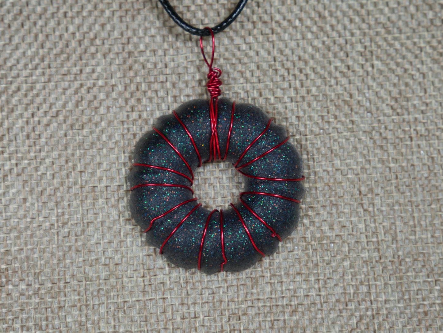 Black and Red Wire Wrapped "Donut" Resin Necklace