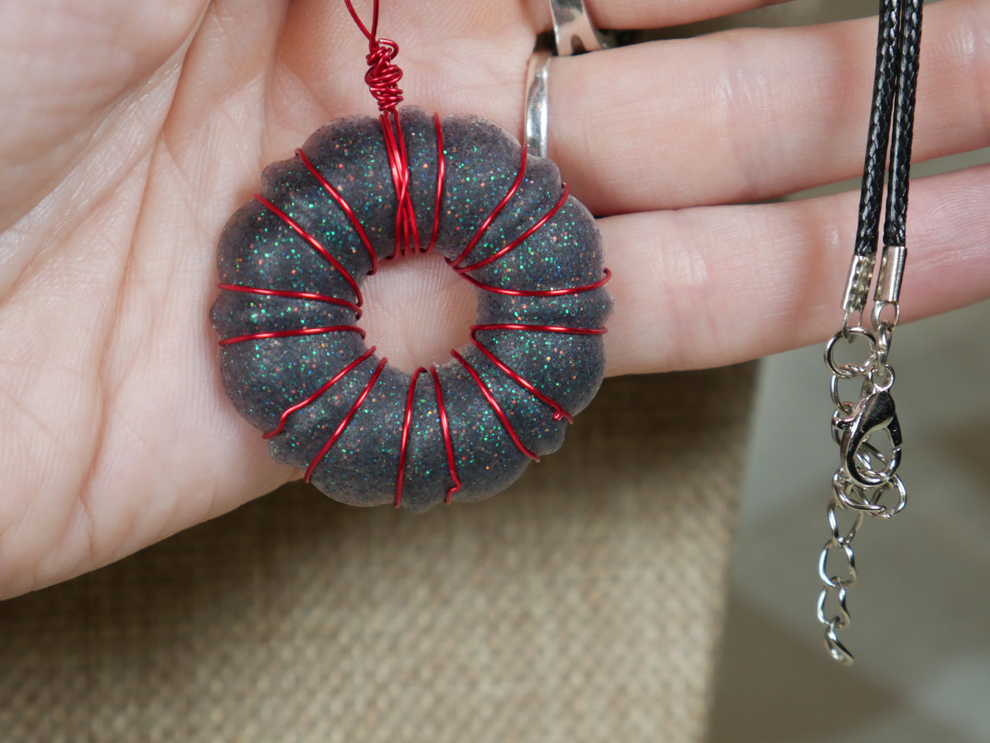 Black and Red Wire Wrapped "Donut" Resin Necklace