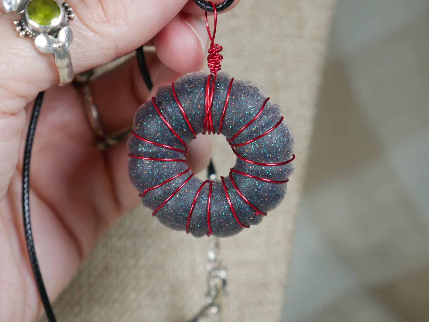 Black and Red Wire Wrapped "Donut" Resin Necklace