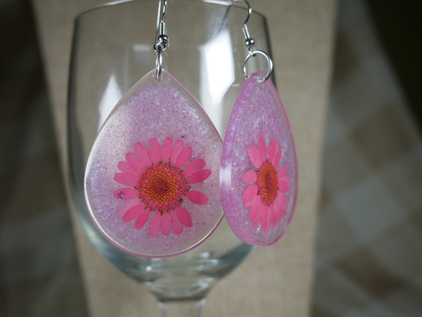 Pink and Purple Flower Resin Earrings