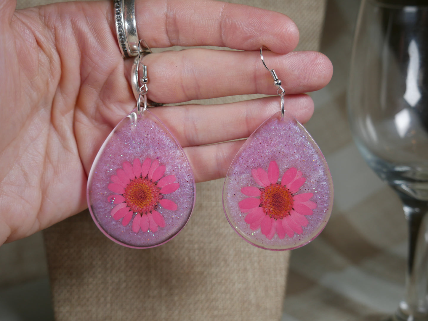 Pink and Purple Flower Resin Earrings