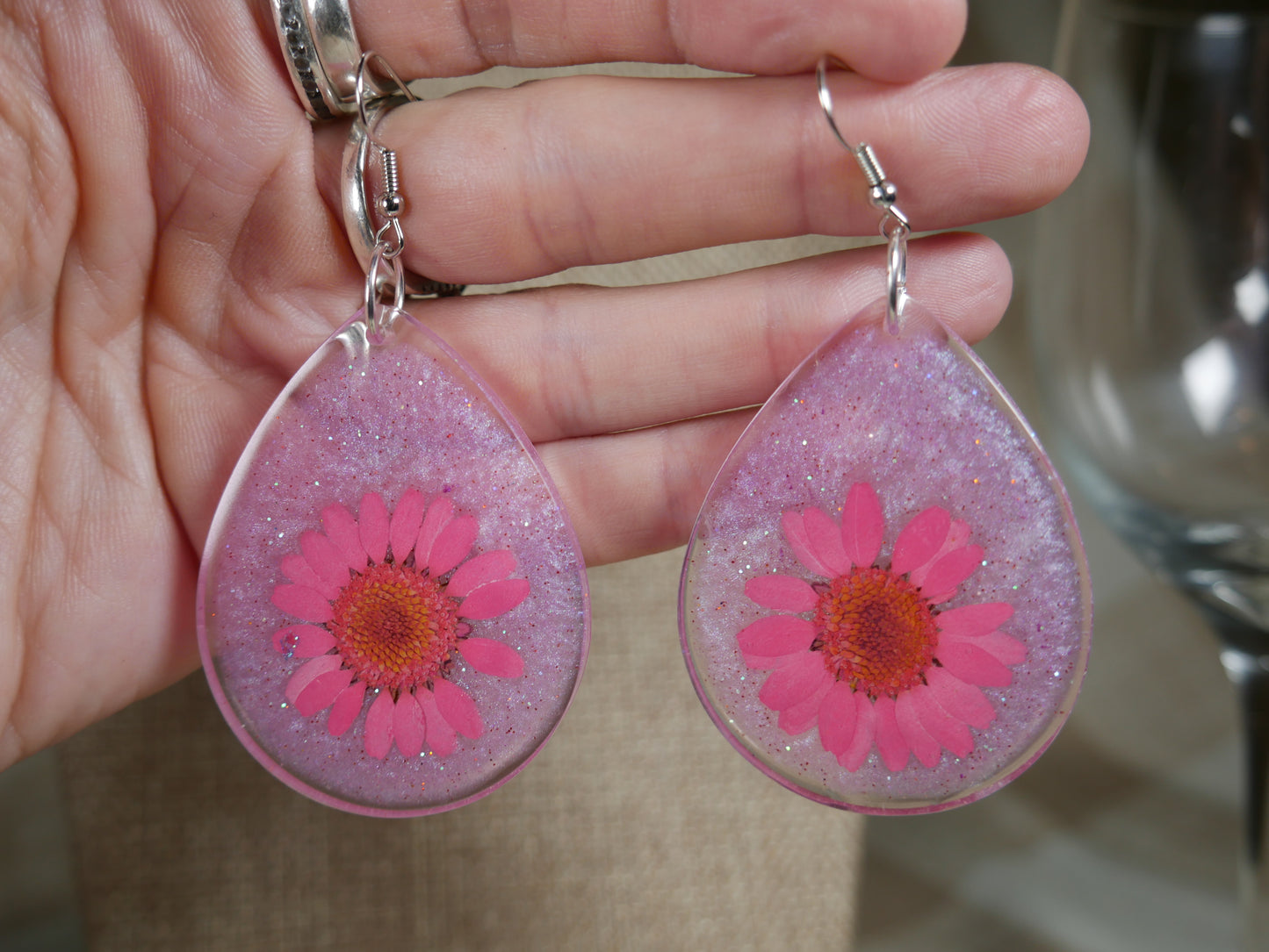 Pink and Purple Flower Resin Earrings