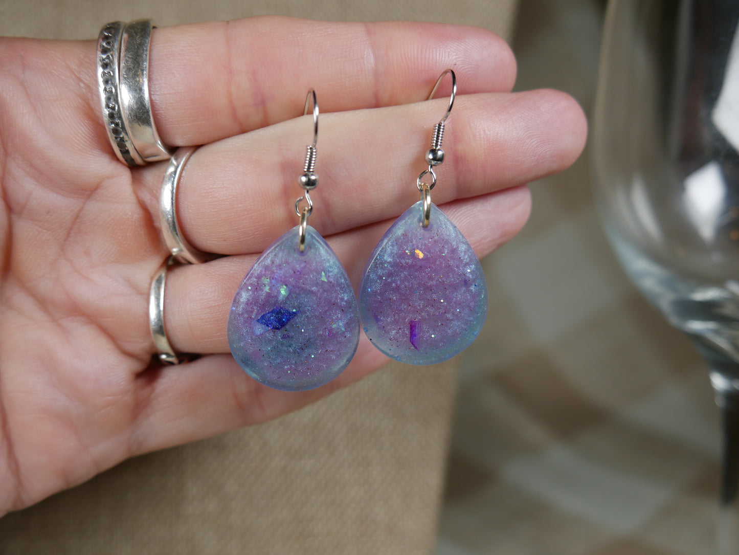 Purple and Blue Teardrop Shaped Resin Earrings