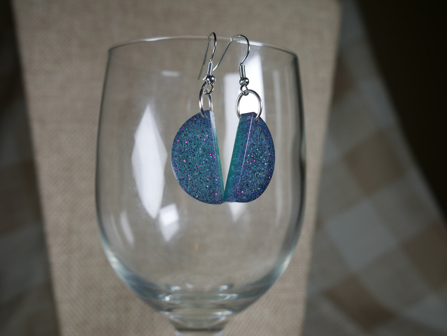 Black and Aqua Sparkly Half Circle Resin Earrings