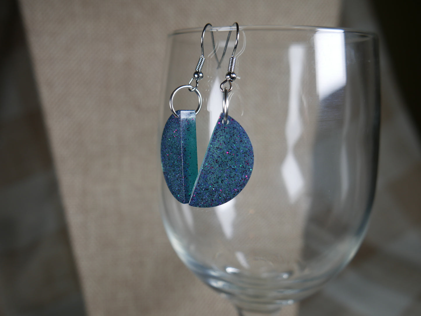 Black and Aqua Sparkly Half Circle Resin Earrings