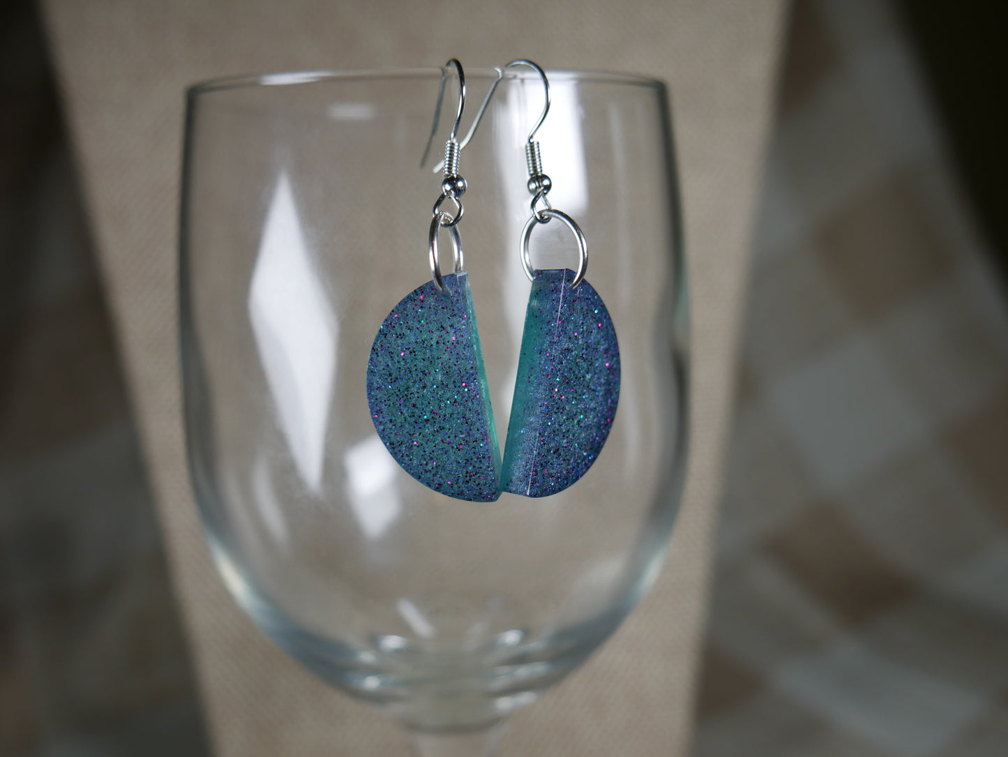 Black and Aqua Sparkly Half Circle Resin Earrings