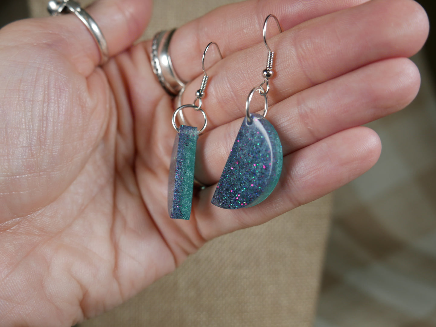 Black and Aqua Sparkly Half Circle Resin Earrings