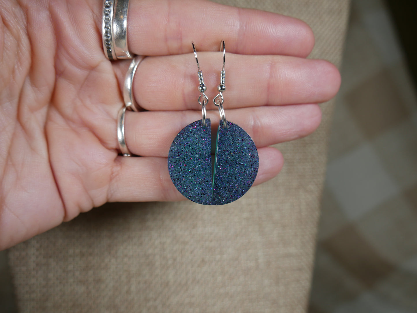 Black and Aqua Sparkly Half Circle Resin Earrings