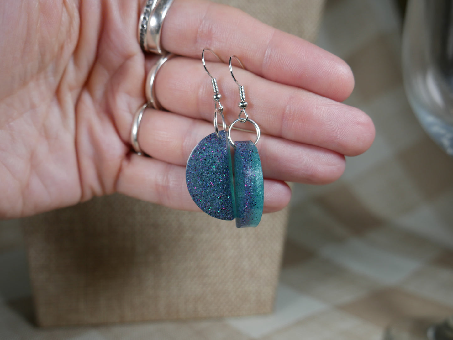 Black and Aqua Sparkly Half Circle Resin Earrings