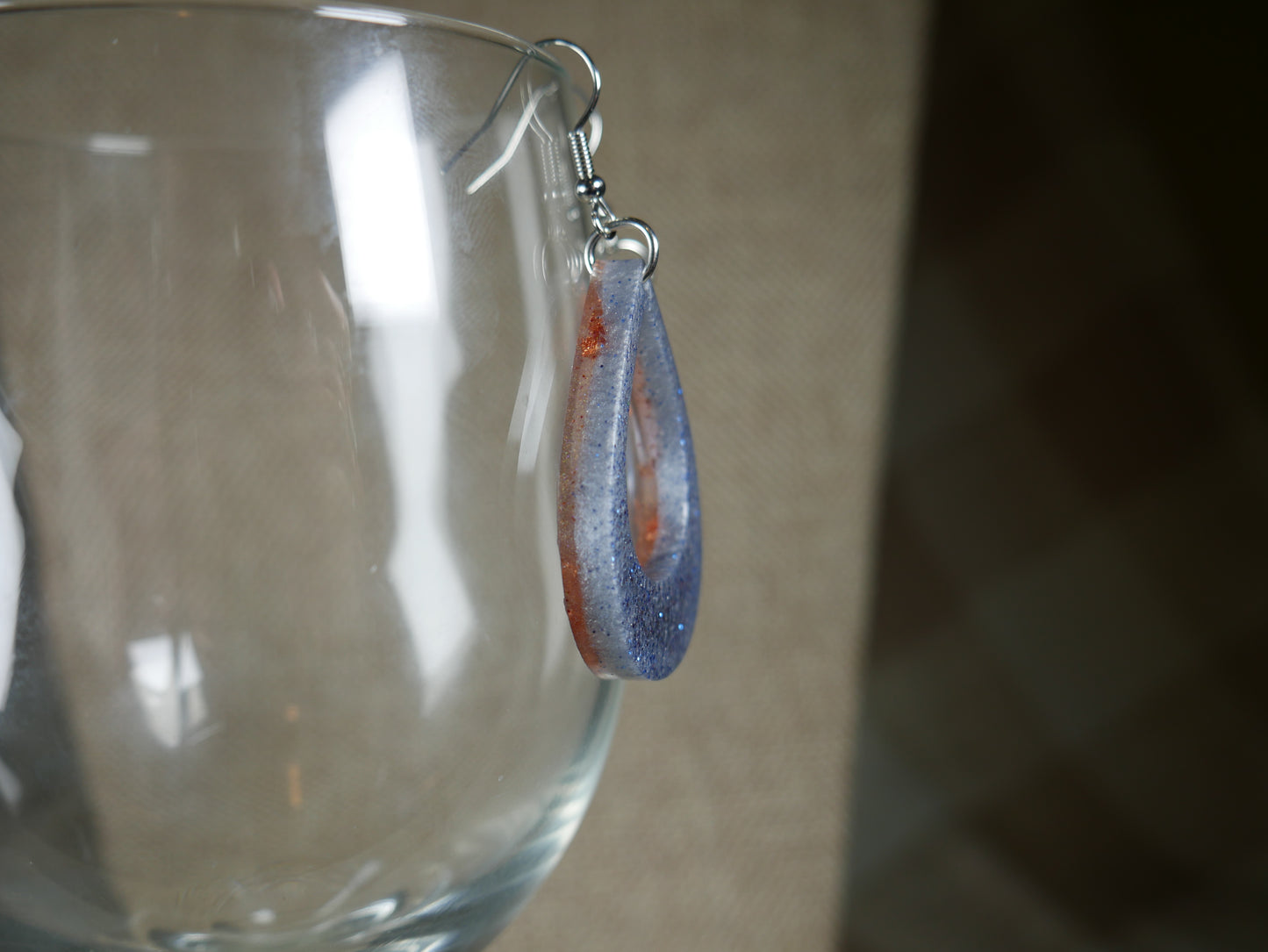 Blue, White and Silver Sparkly Resin Teardrop Loop Earrings