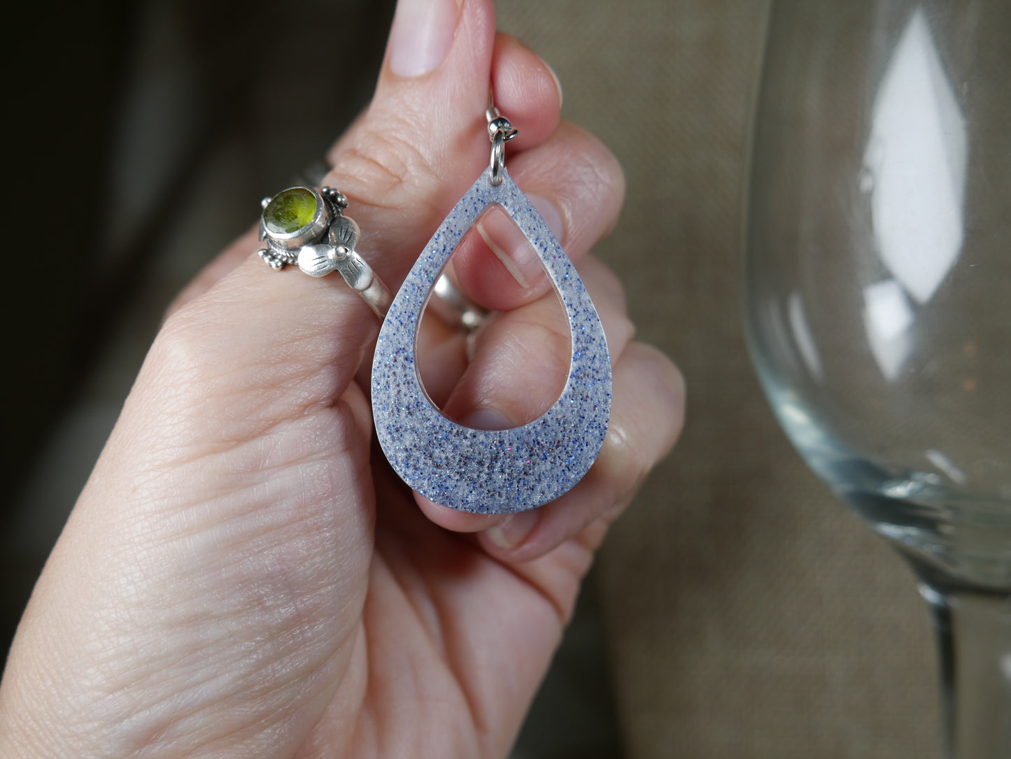 Blue, White and Silver Sparkly Resin Teardrop Loop Earrings