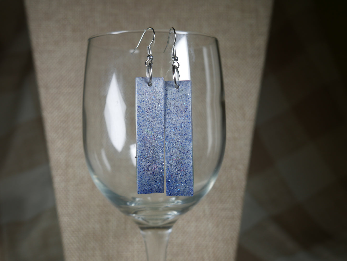 Silver and Blue Sparkly Rectangular Resin Earrings