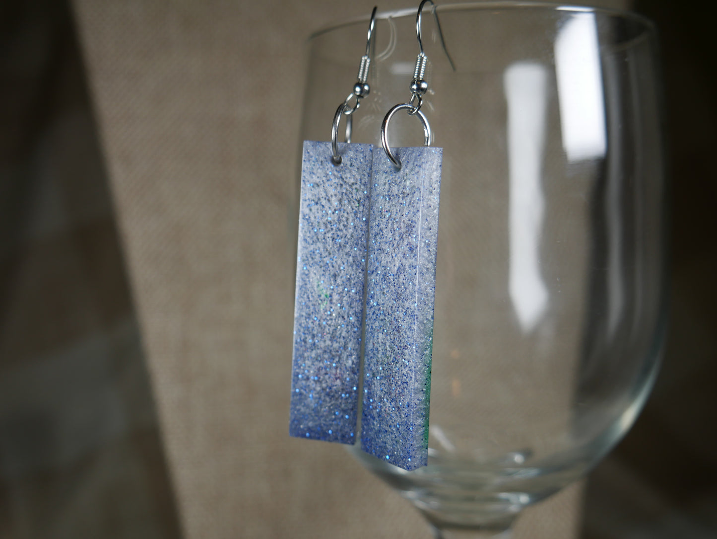 Silver and Blue Sparkly Rectangular Resin Earrings
