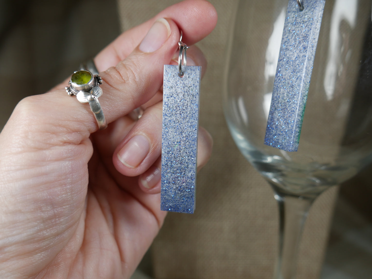 Silver and Blue Sparkly Rectangular Resin Earrings