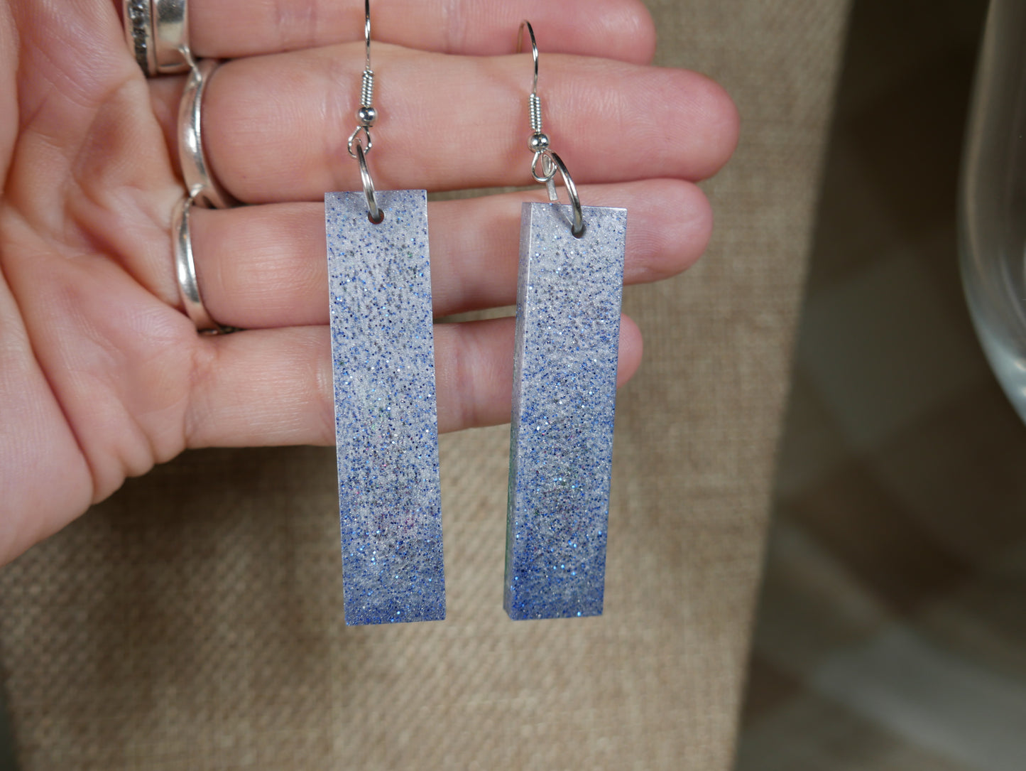 Silver and Blue Sparkly Rectangular Resin Earrings